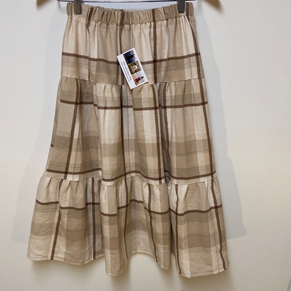 Girls Flannel Mom and Pop's Kids Maxi Skirt 10/12 Tan Plaid Upcycled Prairie